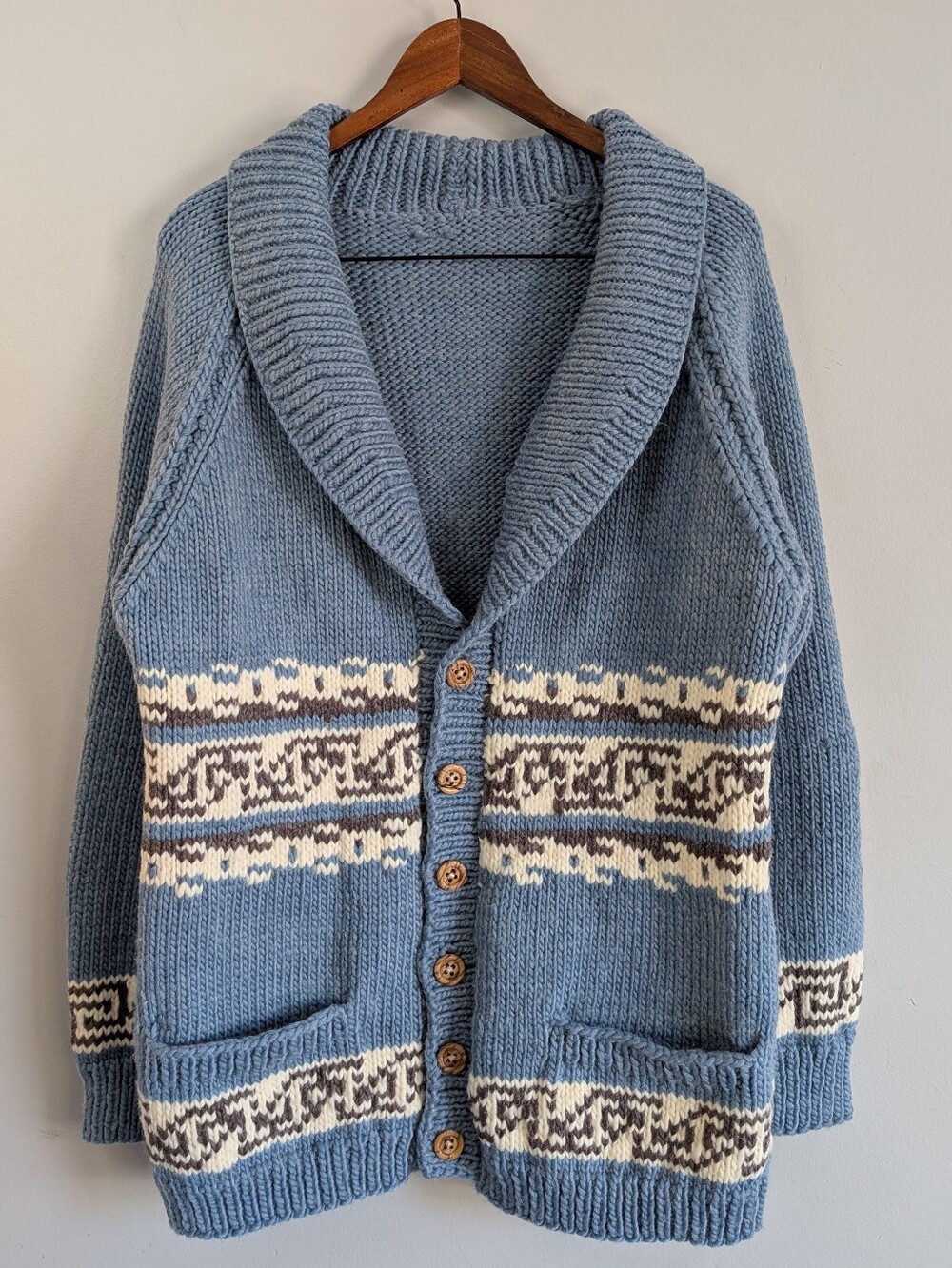 Hand Knit Cowichan Style Mary Maxim Chunky Wool Shawl Collar Button Cardigan, S